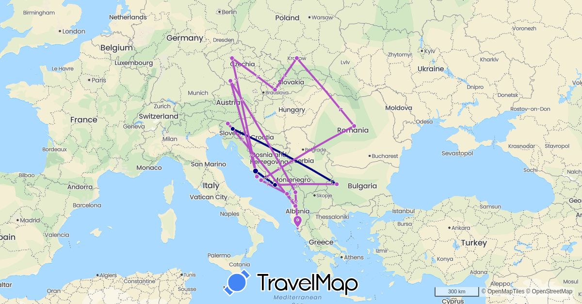 TravelMap itinerary: driving, train in Albania, Bulgaria, Czech Republic, Croatia, Montenegro, Poland, Romania, Slovenia, Slovakia (Europe)